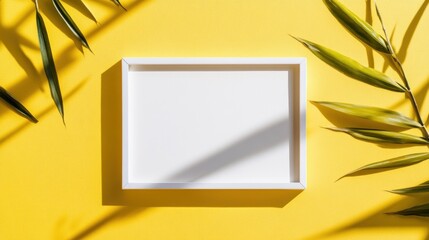 Poster - A blank frame on a vibrant yellow background with green leaves, ideal for creative displays.