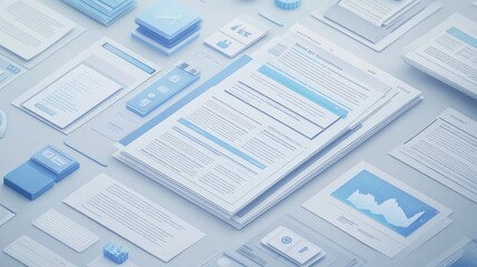 Poster - A collection of documents and graphics in blue tones, suggesting business or data analysis.
