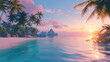© Khajornyot - Tropical beach at sunset, crystal-clear turquoise water, swaying palm trees, tranquil vibes.