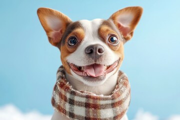 Wall Mural - Pet scarf concept for winter accessories. A cheerful dog wearing a plaid scarf poses against a blue background, showcasing its playful expression and bright personality