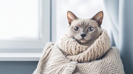 Wall Mural - Pet scarf concept for winter accessories. A cozy cat wrapped in a soft blanket, gazing calmly out a window, exuding warmth and tranquility