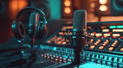 Aufkleber - A microphone and headphones set up in a music studio with a mixing console.