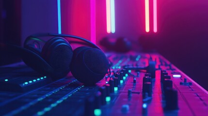 Poster - A close-up of headphones on a mixing console with colorful LED lights.