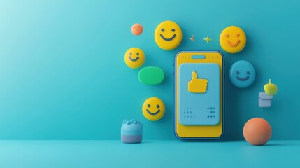 Poster - Colorful smartphone with smiley emojis and thumbs-up symbol on a vibrant background.