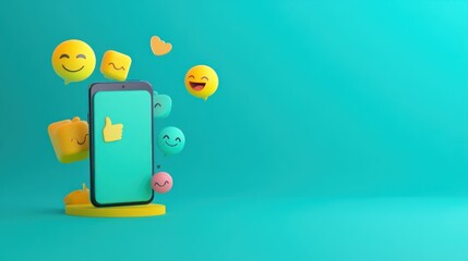 Poster - A smartphone surrounded by colorful emoji icons, symbolizing social interaction and engagement.