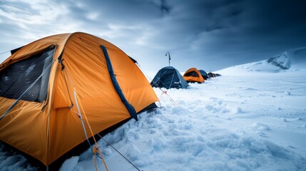 Wall Mural - base camp in antarctica with tents against a snowy backdrop during overcast weather