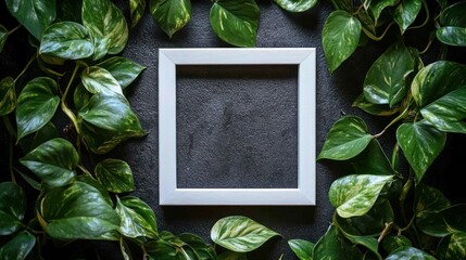 Poster - A white frame surrounded by lush green leaves on a dark surface, inviting creativity.