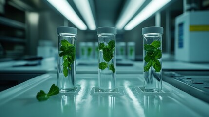 Poster - Test tubes with mint leaves in a laboratory setting, showcasing plant research.