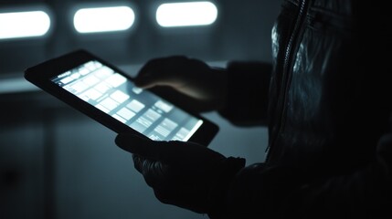 Leinwandbilder - A person using a tablet in a dimly lit environment.