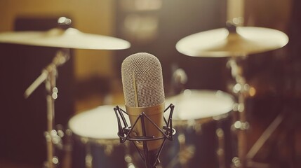 Poster - A microphone stands in front of a drum set, suggesting a music recording or performance scene.