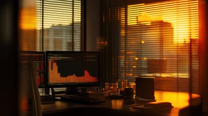Poster - A modern office at sunset with computer screens displaying financial data.