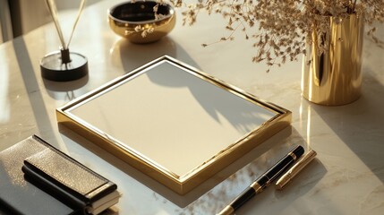 Poster - Elegant workspace with a gold-trimmed notepad, pen, and decorative elements.
