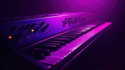 Aufkleber - A vibrant synthesizer in purple lighting, showcasing its keys and controls for music production.