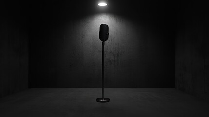 Poster - A solitary microphone stands illuminated in a dark, minimalistic room.