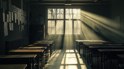 Poster - A sunlit classroom with empty desks, creating a serene and contemplative atmosphere.