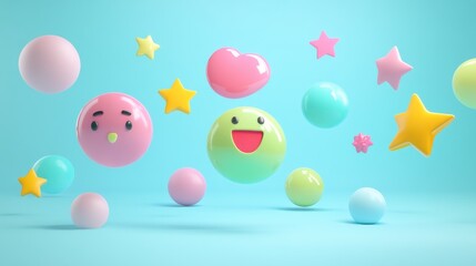 Poster - Colorful 3D shapes with faces and stars on a blue background, evoking a playful atmosphere.