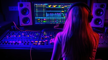 Aufkleber - A person mixing music in a studio with colorful lighting and a digital interface.