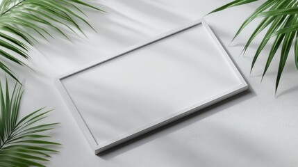Poster - A blank picture frame surrounded by green palm leaves on a light background.