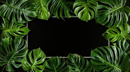 Poster - A frame of vibrant green leaves surrounding a blank space on a dark background.