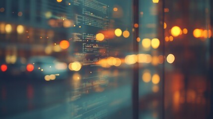 Poster - Blurred city lights and digital data reflections create a modern urban atmosphere.