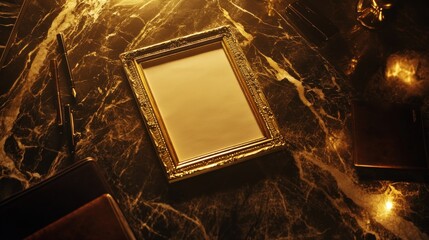 Poster - An empty ornate frame rests on a glossy marble surface, suggesting potential for creativity.