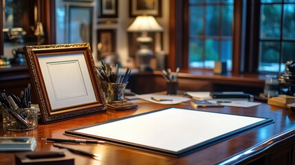 Poster - A creative workspace featuring an empty frame and art supplies on a wooden desk.