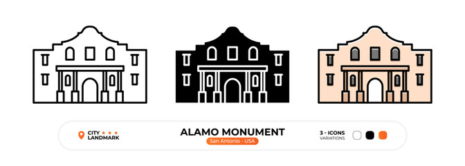 Alamo Monument Line Icon. San Antonio USA, Silhouette, Color Symbol, Editable Stroke.