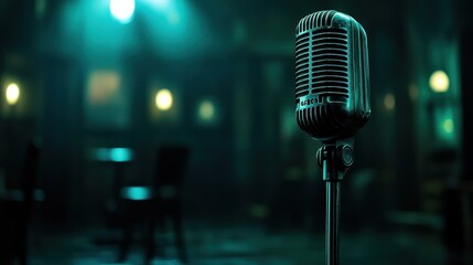 Poster - A vintage microphone stands in a dimly lit room, suggesting a performance or recording.