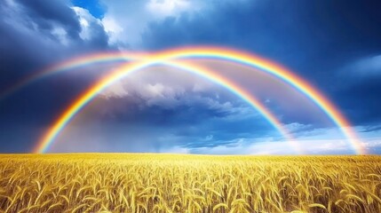 Poster - A vibrant landscape featuring double rainbows over golden wheat fields under a dramatic sky.