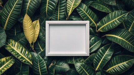 Poster - A blank white frame surrounded by lush green leaves, creating a natural backdrop for display.