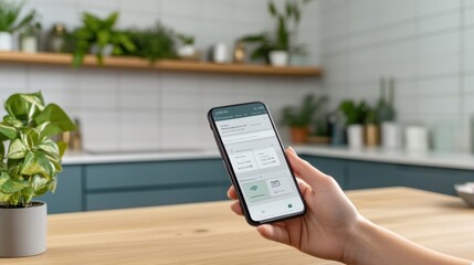 Poster - A hand holding a smartphone displaying an app in a modern kitchen setting.