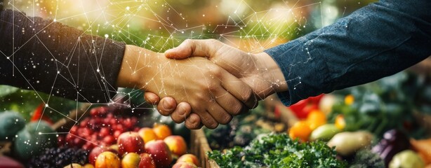 Aufkleber - A handshake over a market scene filled with fresh produce, symbolizing partnership in agriculture.