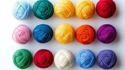 Poster - Row of colorful balls of yarn are displayed on a white surface. The colors include red, yellow, green, blue, and white. The arrangement of the balls creates a visually appealing and vibrant display