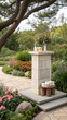 © Tekin - Front view of the stone podium showcases products in a garden with flowers, plants, and branches. Empty platform.