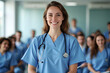 © Amir Bajric - female woman doctor nurse portrait shot smiling cheerful confident standing front row in medical training class or seminar room background