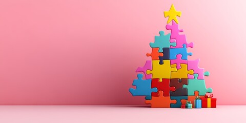 Poster - Colorful puzzle tree with a star on top. The tree is made up of many different colored pieces, and it is surrounded by presents. Scene is festive and joyful