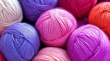 Poster - Bunch of colorful balls of yarn are piled together. The colors include pink, purple, and orange
