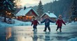 © Collse - A frozen pond near a quiet village, surrounded by pine trees and string lights. Children in colorful scarves skate and laugh beneath falling snow. Warm and joyful winter scene.