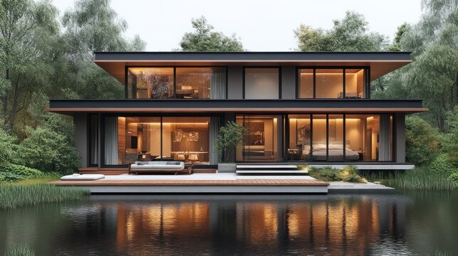 3D model of a luxury lakeside retreat with wooden beams and expansive glass windows, isolated on white.