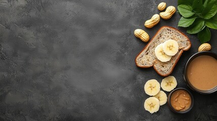 Wall Mural - Banana and peanut butter toast, fresh and energizing snack