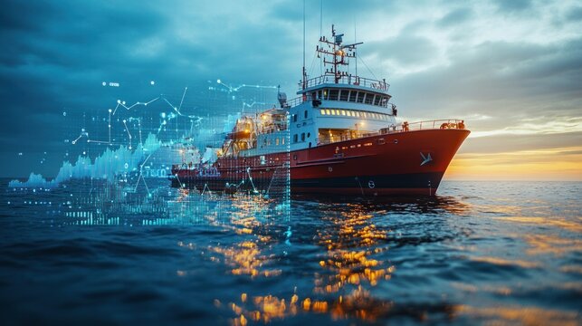 a sleek research vessel sails through calm seas at sunset, showcasing advanced technology with digit