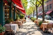 © Ekaterina Elagina - Outdoor cafe tables along sidewalk in sunny say, welcoming atmosphere in a city setting