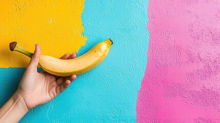 Wall Mural - Hand holding a fresh banana with a vibrant, energizing background