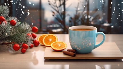 MUG of hot cappuccino in a wooden table