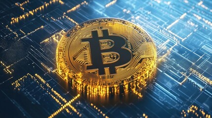 Poster - Golden Bitcoin Coin Displayed on High-Tech Digital Circuitry Background, Representing Growth and Innovation in Cryptocurrency and Blockchain Technology