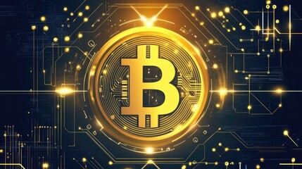 Poster - Golden Bitcoin Symbol on Digital Background with Glowing Lights and Circuit Patterns, Representing Cryptocurrency and Blockchain Technology Concepts for Financial Innovation