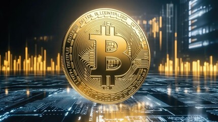 Poster - Stunning Bitcoin Cryptocurrency Concept with Golden Coin, Digital Background, and Financial Graphs Representing Market Trends and Digital Innovation