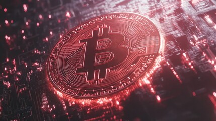 Poster - Digital representation of a Bitcoin symbol against a backdrop of glowing circuitry, illustrating the future of cryptocurrency technology and decentralized finance innovation.