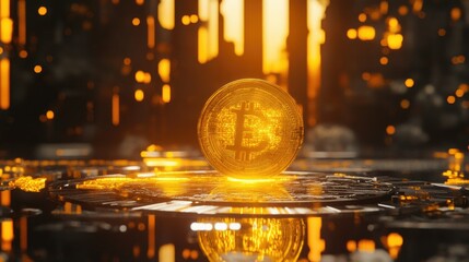 Poster - Golden Bitcoin Coin Surrounded by Bright Digital Elements in a Futuristic Cityscape with Glowing Lights and Intricate Patterns Reflecting on a Dark Surface