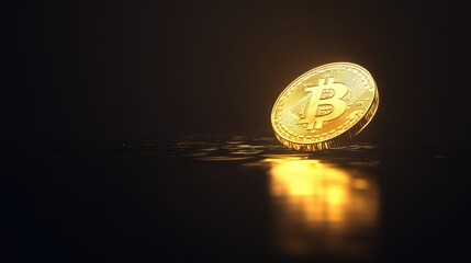 Poster - Shiny Gold Bitcoin Coin with Reflection in Dark Background Symbolizing Digital Currency and Financial Technology Trends in Modern Economy